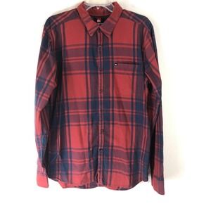 Quiksilver Mens M Red Blue Plaid Button Front shirt Lightweight